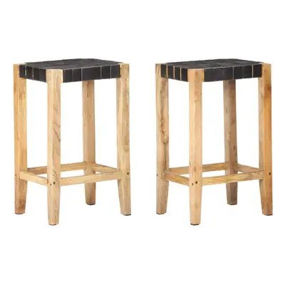 vidaXL 2x Bar Stools Black Real Leather Kitchen Dining Room Wooden Chairs