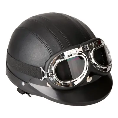 (Black) Motorcycle Scooter Open Face Half Leather Helmet with Visor UV Goggles Retro Vintage Sty