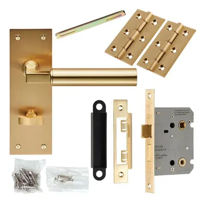 Door Handle & Bathroom Lock Pack Satin Brass Round Lever Thumb Turn Backplate