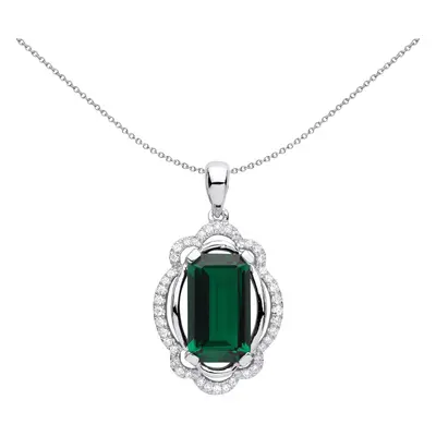 Jewelco London Ladies Sterling Silver Green Emerald CZ Scallop Rhombus Oval Solitaire Pendant Ne