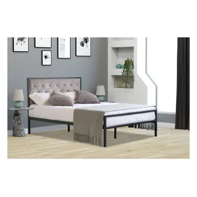 (Grey, 5ft Kingsize) Metal Bedframe with Plush Velvet Buttoned Headboard