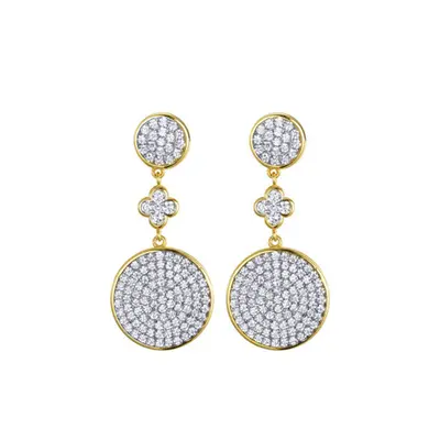 Jewelco London 14k Gold-plated Silver Round CZ Encrusted Flat Disc Clover Drop Earrings - AES243