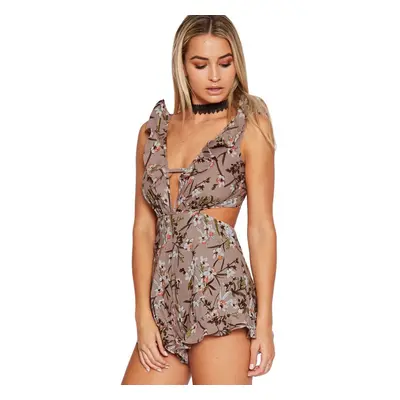 (Brown, S) Women Jumpsuit Short Rompers Floral Print Cut Out V-Neck Ruffle Backless Sleeveless