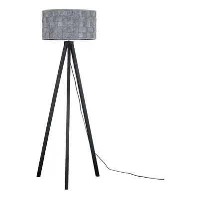 Modern Black Wood Tripod Design Floor Lamp with a Grey Felt Weave Design Cylinder Light Shade - 