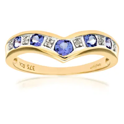 (N) Jewelco London 9ct Yellow Gold Tanzanite & Diamond Wishbone Ring