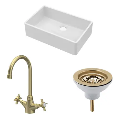 Fireclay Kitchen Bundle - Single Bowl Butler Sink, Waste & Mono Crosshead Tap, 795mm - Brushed B