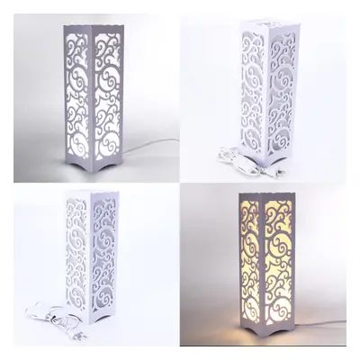 (US Plug, Warm light) Modern LED Desk Table Lamp Classic Wooden Bedside Light Hollow Carved Deco