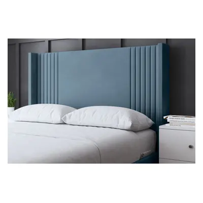 (King, Blue) Elara Winged Paneled Upholstered Bed with Ottoman