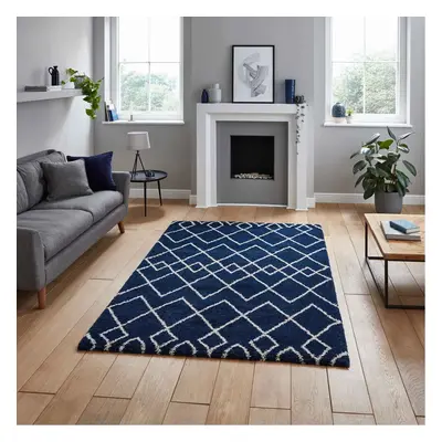 (Navy, x cm) Nordic Scandi Geometric Shaggy Rugs Large Thick 4cm Shag Pile Warm Soft Carpet Rug 