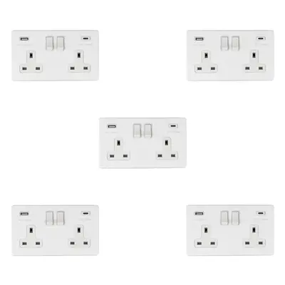 5 PACK Gang Double 13A UK Plug Socket & 2x 3.1A USB-C & A SCREWLESS MATT WHITE