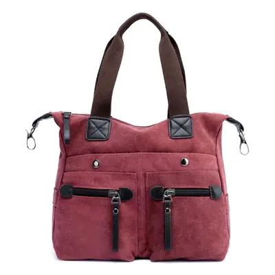 (Red) Fashion Women Canvas Handbag Casual Shoulder Bag Pockets Large Capacity Vintage Crossbody 