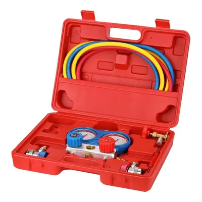 (Red) Dual Gauges Set Refrigeration Equipment Pressure Measuring Tool Kit with Recharge Hoses