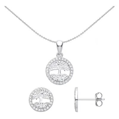 Jewelco London Ladies Rhodium Plated Sterling Silver CZ Circle of Life Tree Halo Earrings Neckla