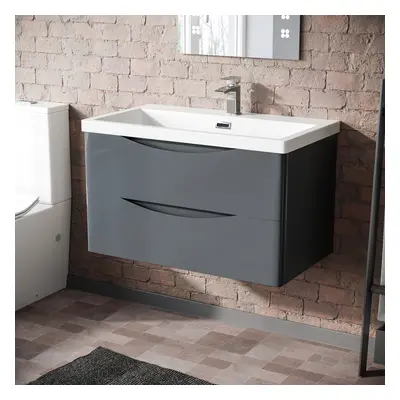 Merton | Modern 800mm MDF Grey Wall Hung Drawer & Resin White Basin Sink Vanity