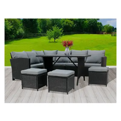 (Black) BIRCHTREE Rattan Garden Furniture Set Sofa Footstool Glass Table Seat Patio