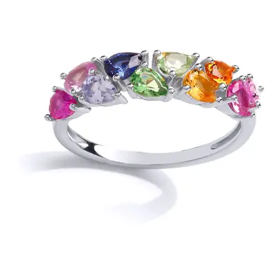 (Q) Jewelco London Ladies Rhodium Plated Sterling Silver Multi Colour Pear Cubic Zirconia Rainbo