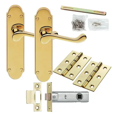 Door Handle & Latch Pack Brass Modern Upturned Curved Slim Ornate Backplate