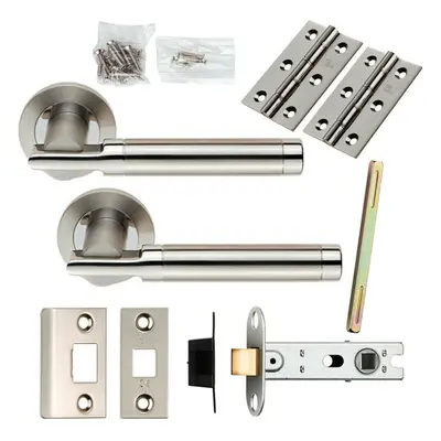 Door Handle & Latch Pack Polished & Satin Steel Round Bar Screwless Rose