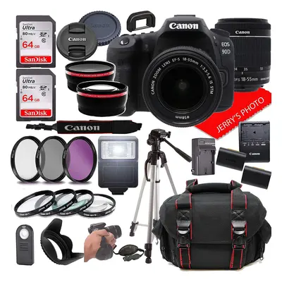 Canon EOS 90D DSLR Camera w/Canon EF-S 18-55mm F/3.5-5.6 is STM Zoom Lens + Case + 128GB Memory 