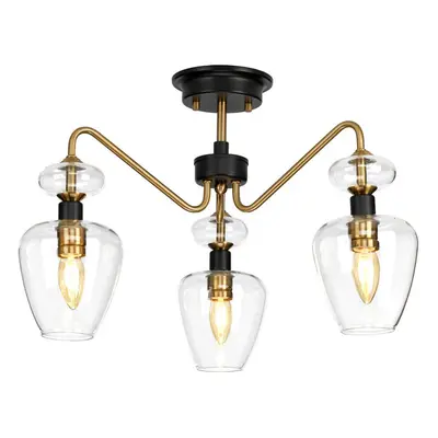 3 Bulb Semi Flush Light Aged Brass Finish Charcoal Black Paint LED E14 40W