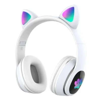 (White) Over Ear Music Wireless Headset Glowing Cat Headphones Color Breathing Lights