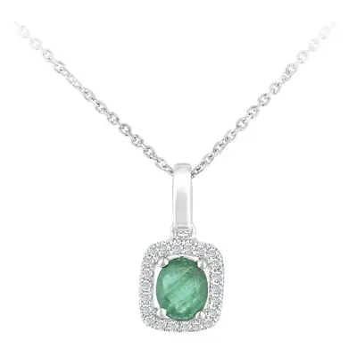 Jewelco London 9ct White Gold Round 5pts Diamond Oval 0.3ct Emerald Cluster Pendant Necklace inc