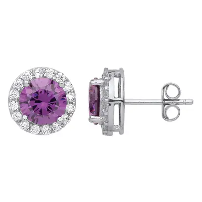 Jewelco London Ladies Sterling Silver Purple Cubic Zirconia Solitaire Halo Cluster Stud Earrings