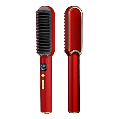 (Red, US) Ionic Straightener Brush PTC Heated Hair Straightener