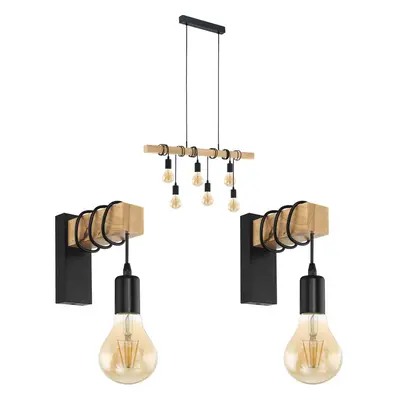 Multi Bulb Ceiling Pendant Light & 2x Matching Wall Lights Black & Wood Trendy