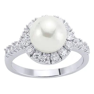 (L) Jewelco London Ladies Rhodium Plated Sterling Silver Cubic Zirconia & Simulated Pearl Halo F