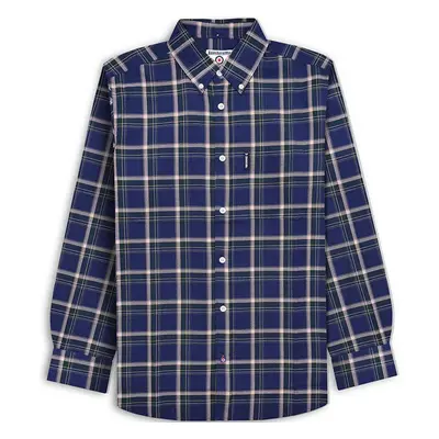 (S, Navy/Green) Lambretta Mens Long Sleeve Checked Checkered Smart Shirt - Navy/Green