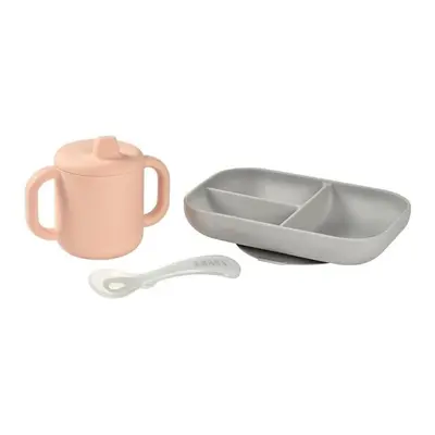 BEABA, Silicone learning set + cup - pink