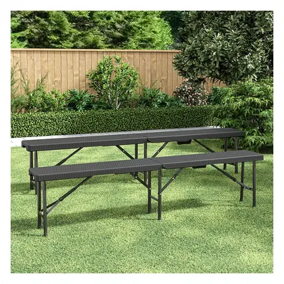 (Black) Set of Rattan Plastic Outdoor Folding Benches