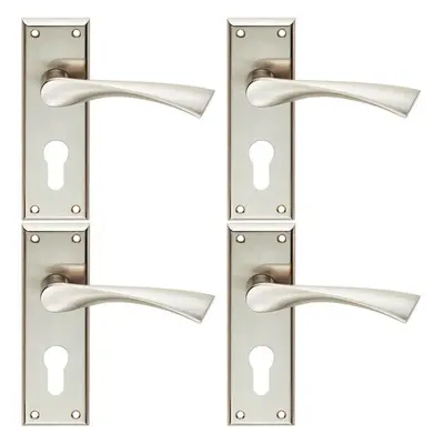 4x PAIR Angular Lever on Euro Lock Backplate Handle x 50mm Satin Nickel