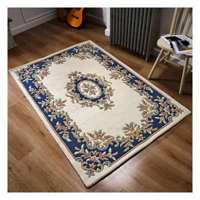 (CREAM BLUE, x cm) Traditional Pure Wool Rugs Hall Runner Round Circle Half Moon Mat Small Extra