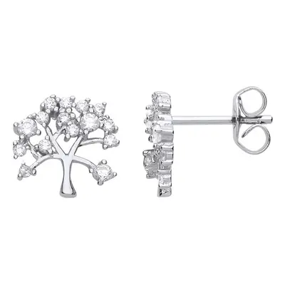 Jewelco London Ladies Sterling Silver Cubic Zirconia Tree of Life Cluster Stud Drop Earrings - G