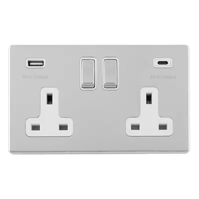 2 Gang Double 13A UK Plug Socket & 2x 3.1A USB-C USB-A SCREWLESS CHROME Charger