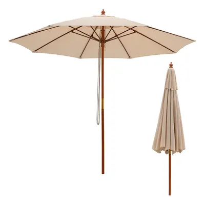 283CM Pulley Lift Round Patio Umbrella Wooden Market Umbrella for Yard