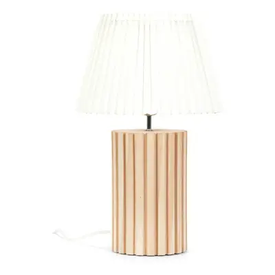 Natural Wood Table Lamp with White Pleated Shade Shade Light + LED