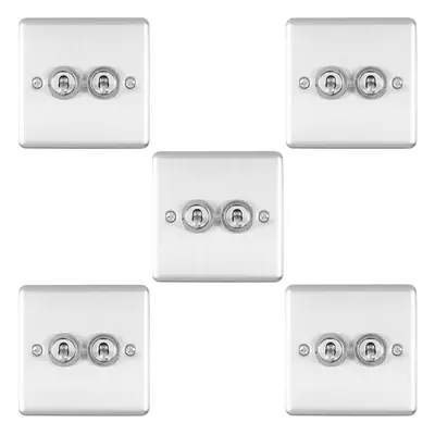 5 PACK Gang Double Retro Toggle Light Switch SATIN STEEL 10A Way Wall Plate