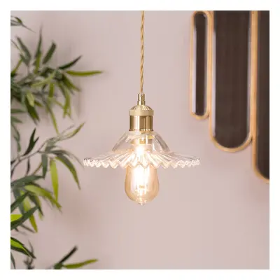 Lucrezia Gold Pendant Light Clear Frilled Glass Shade & Filament Bulb