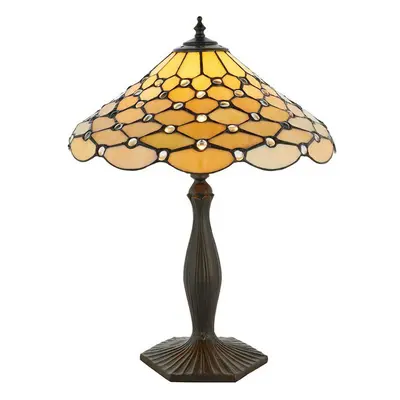 Tiffany Glass Table Lamp Light Dark Bronze & Rich Cream Geometric Shade i00226