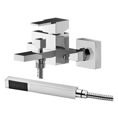 Wall Mount Square Bath Shower Mixer Tap with Shower Kit - Chrome