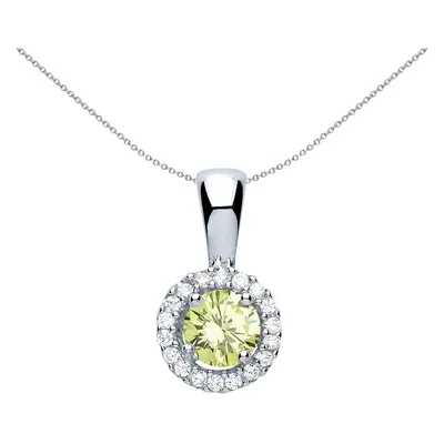 Jewelco London Ladies Rhodium Plated Sterling Silver Green CZ Solitaire Halo Pendant Necklace in