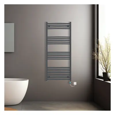 (Anthracite, 1400x600mm) Prefilled Electric Heated Towel Rail Radiator Curved Thermo Smart WiFi