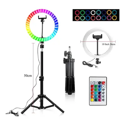 (160cM tripod, 26cM V2) 10" RGB Ring Lamp with Tripod Stand and Wireless Remote, Light LED Color