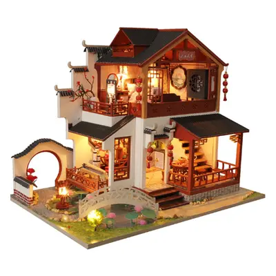 Wooden DIY Doll House With Furniture Retro Chinese Style Antique Architecture Loft Doll House In