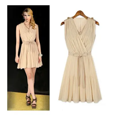 (Beige, L) Women Pleated Chiffon Dress V-Neck Sleeveless Elegant Mini