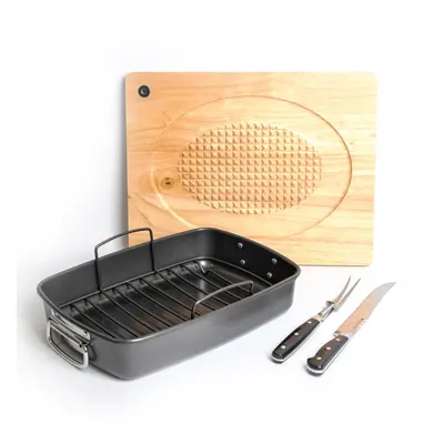 MasterClass Roasting Pan with Rack, Two Piece Carving Set and Carving Board