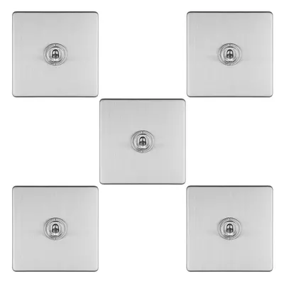 5 PACK Gang Single Retro Toggle Light Switch SCREWLESS SATIN STEEL 10A Way